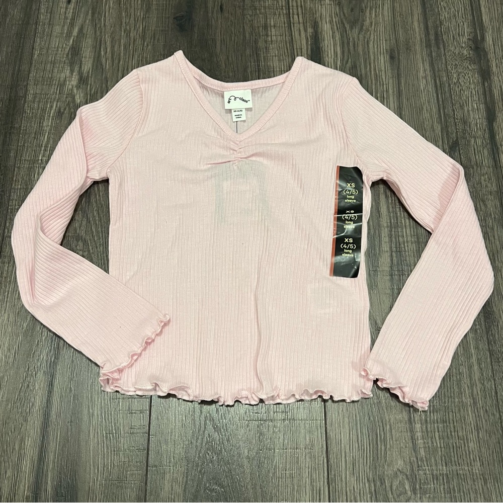 Ribbed Knit Ruffle Detail Pink Long Sleeved Tee Shirt
